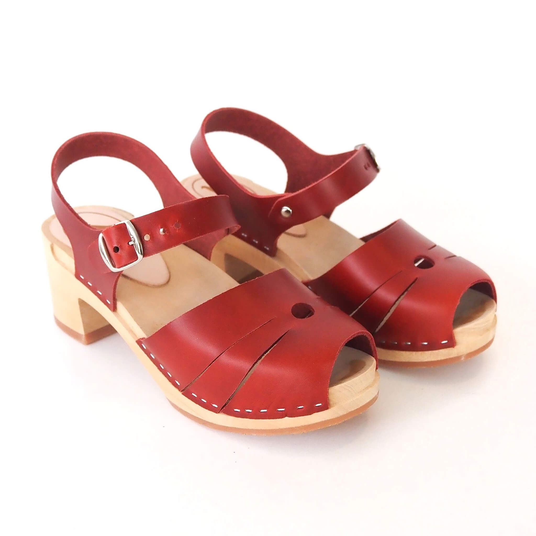 luna clog high heel peep toe sandal handmade italian leather wood - cherry model view