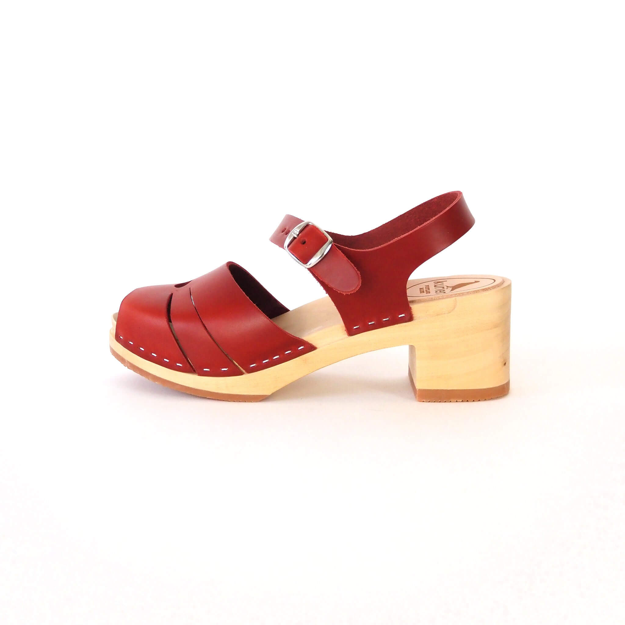 luna clog high heel peep toe sandal handmade italian leather wood - cherry side view