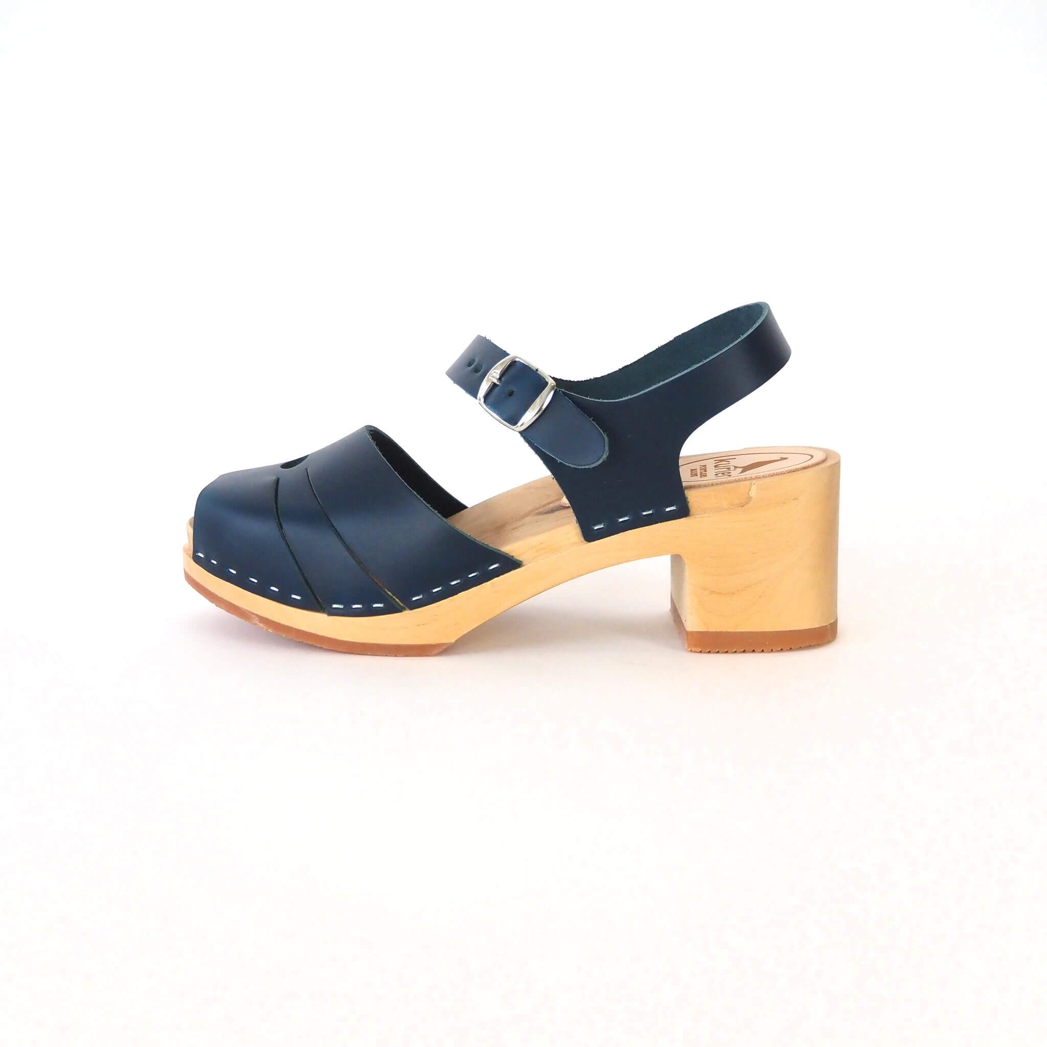 luna clog high heel peep toe sandal handmade italian leather wood - denim side view