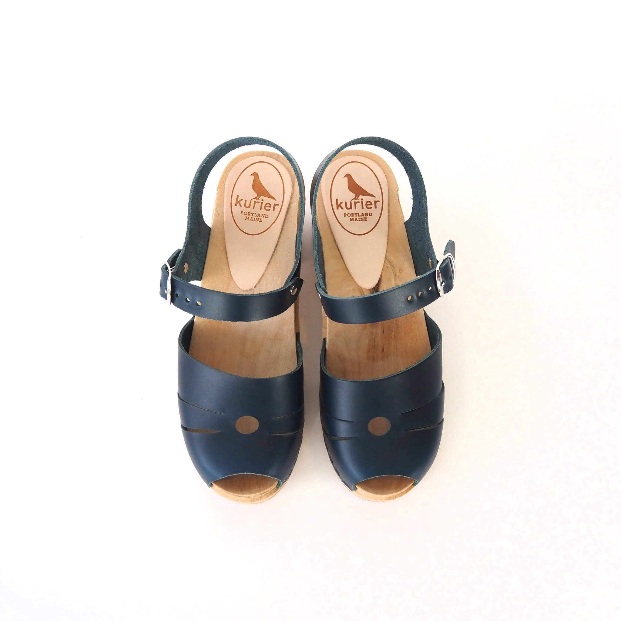 luna clog high heel peep toe sandal handmade italian leather wood - denim top view