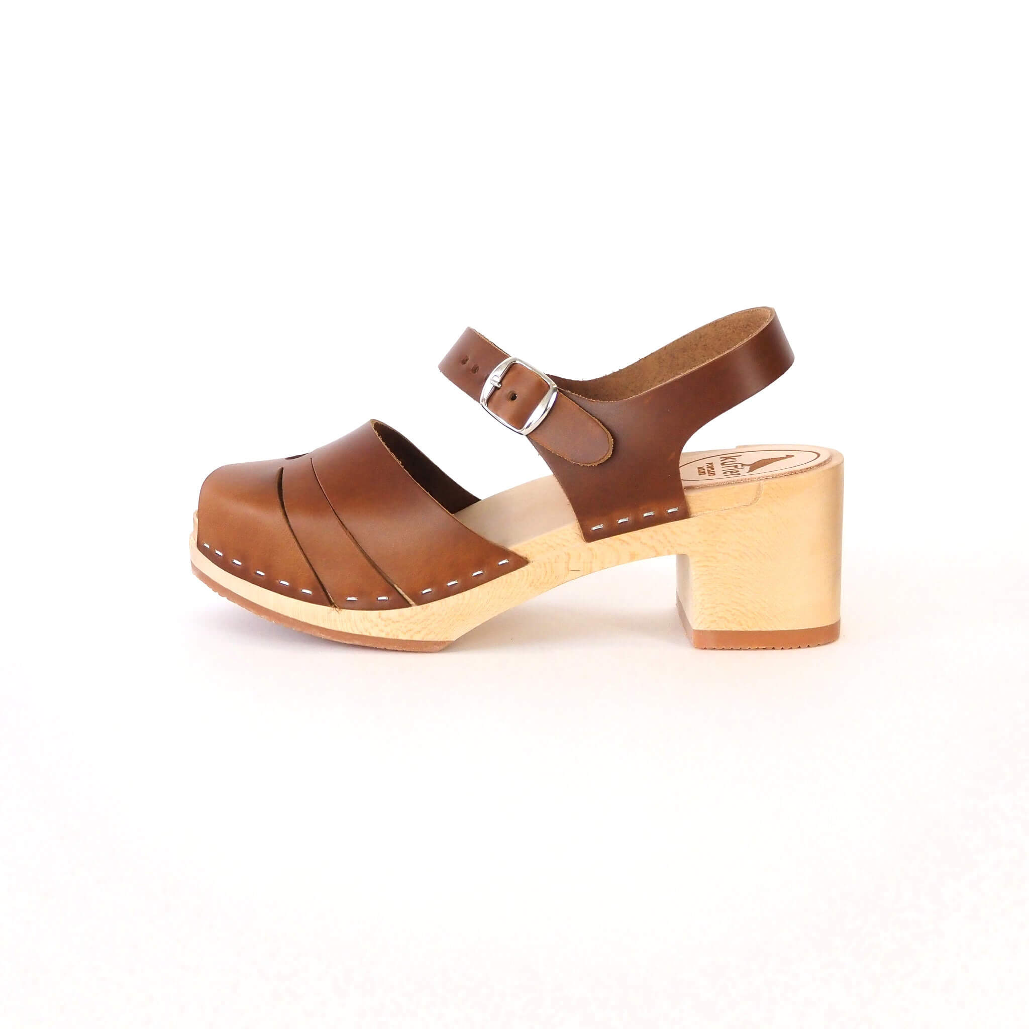 luna clog high heel peep toe sandal handmade italian leather wood - pecan side view