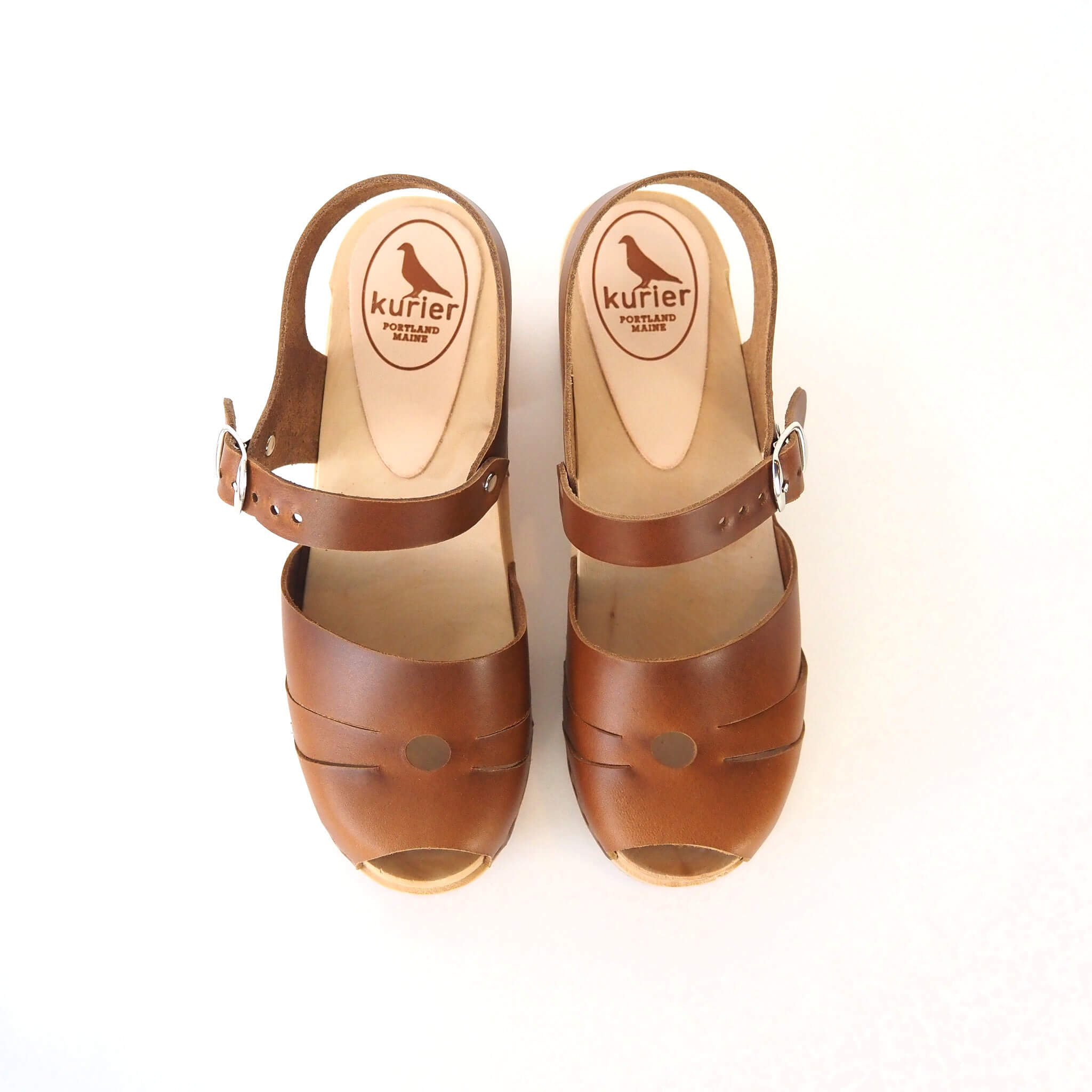 luna clog high heel peep toe sandal handmade italian leather wood - pecan top view