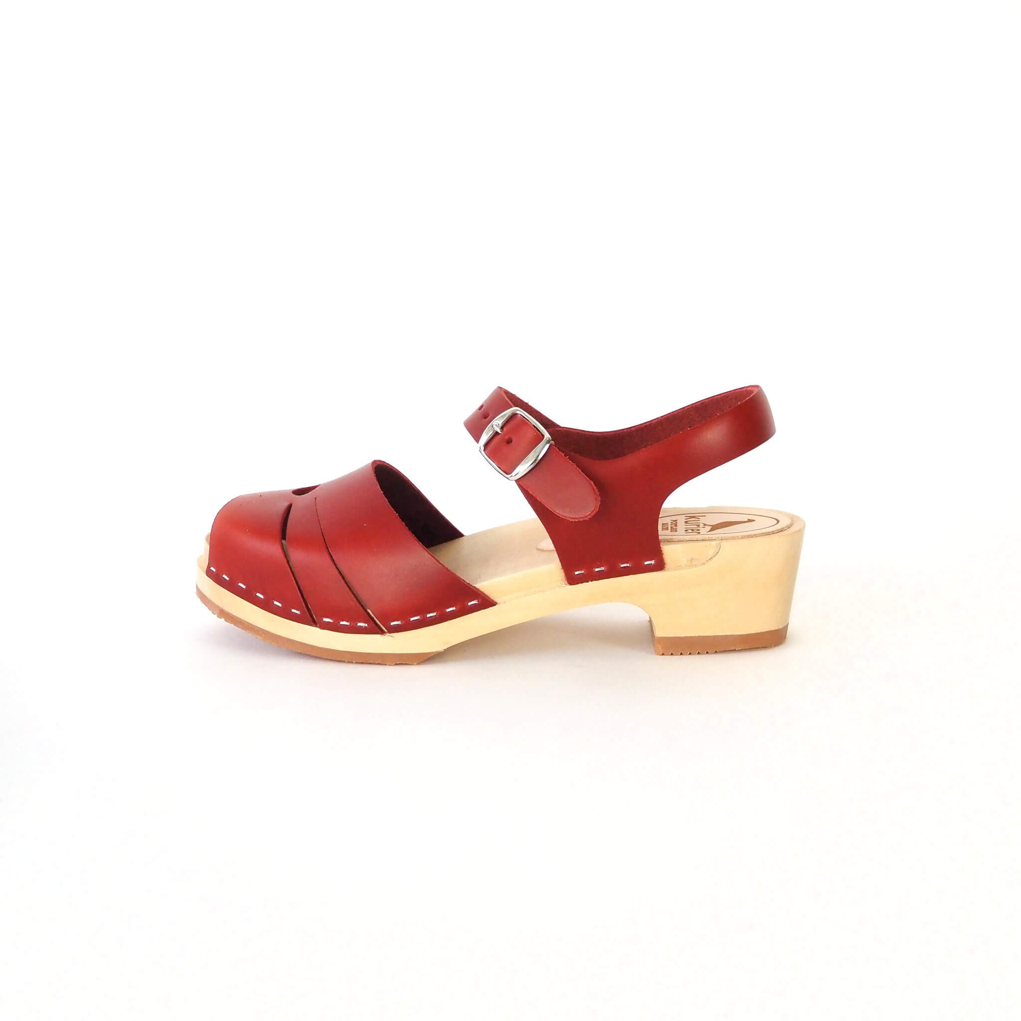 luna clog low heel peep toe sandal handmade italian leather wood - cherry side view