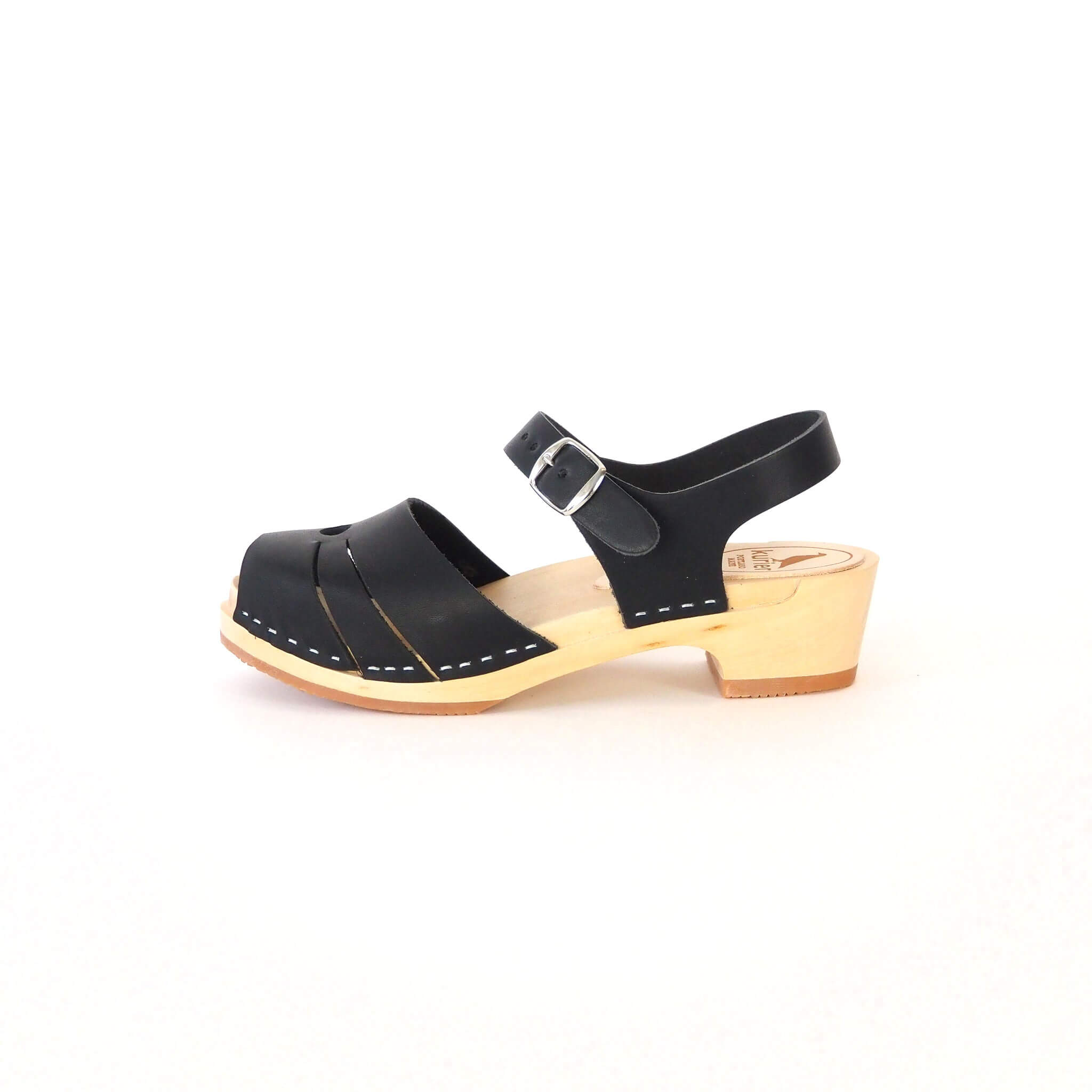 luna clog low heel peep toe sandal handmade italian leather wood - coal side view