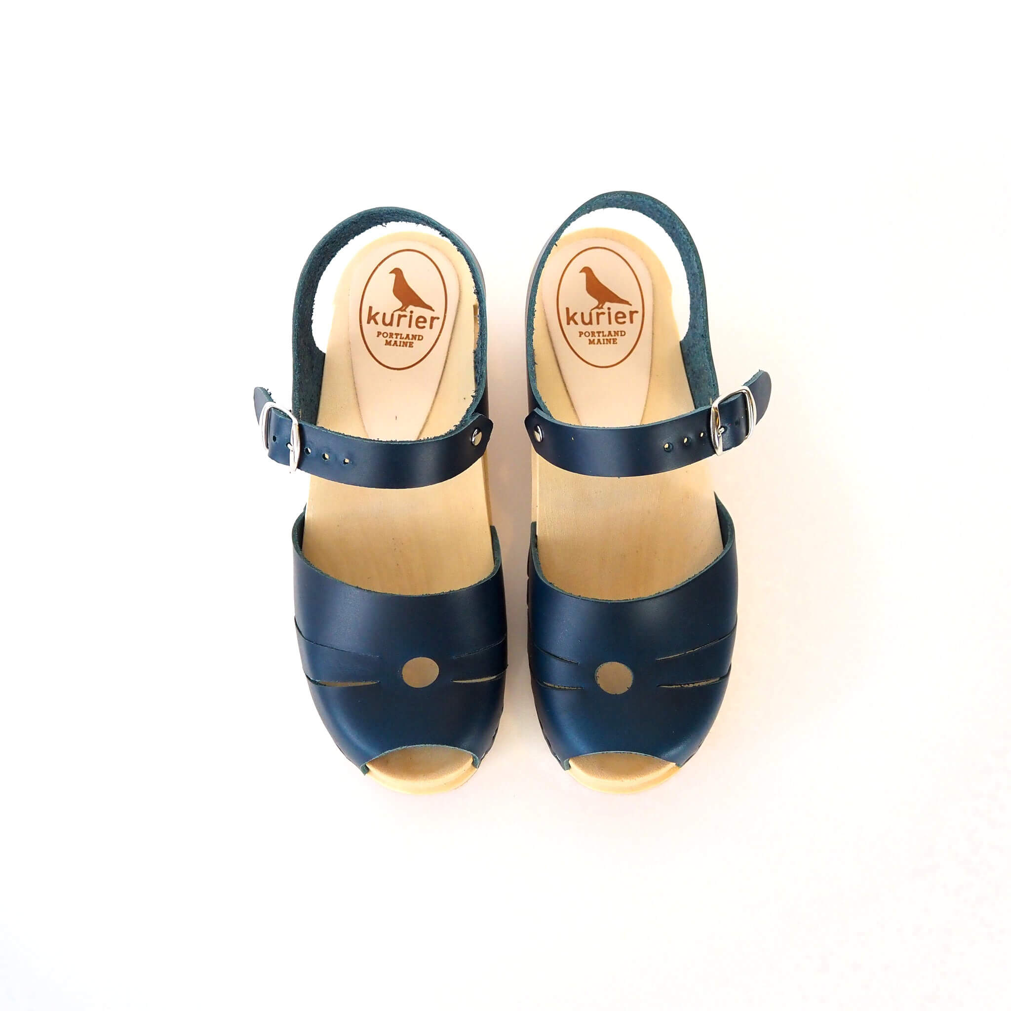 luna clog low heel peep toe sandal handmade italian leather wood - denim top view