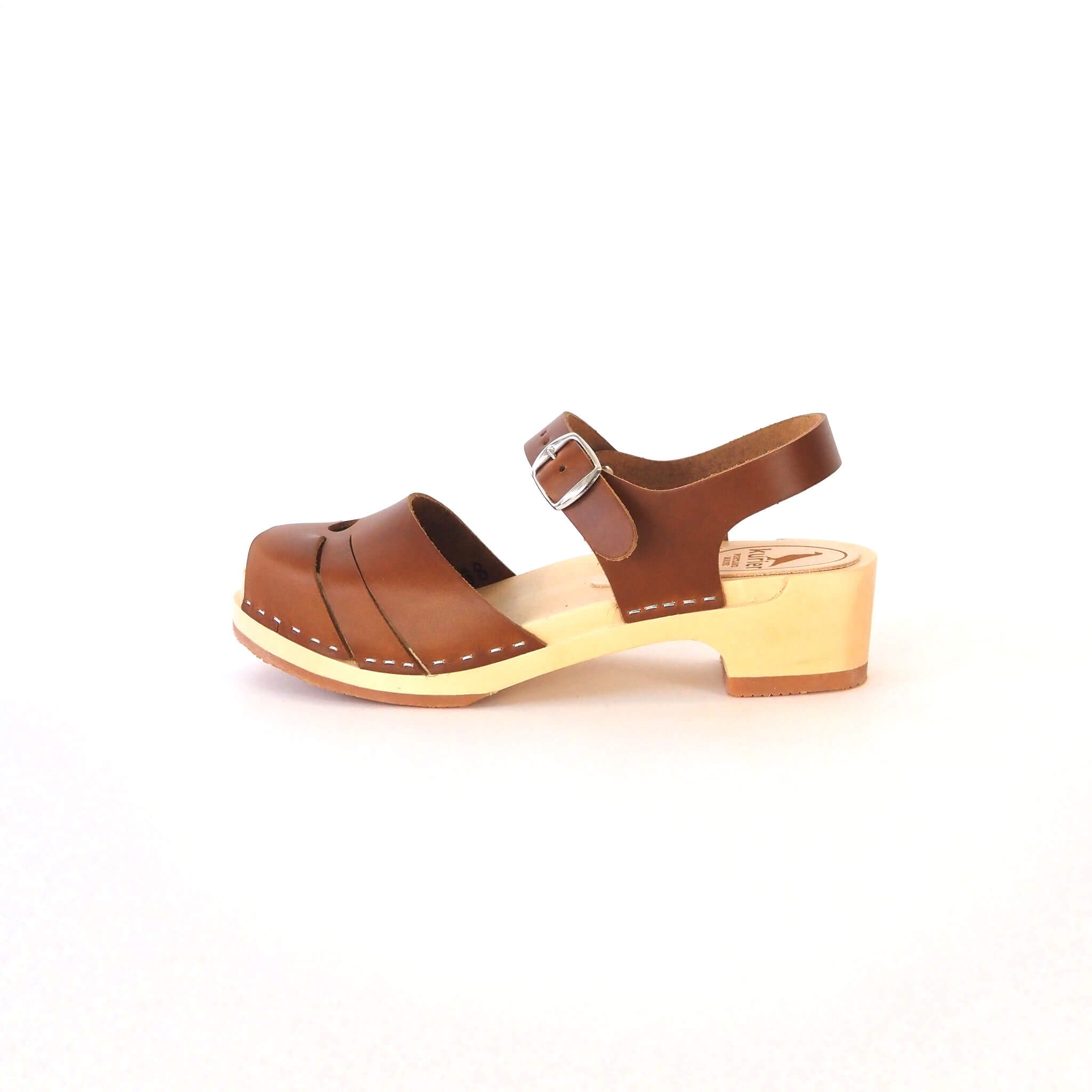 luna clog low heel peep toe sandal handmade italian leather wood - pecan side view