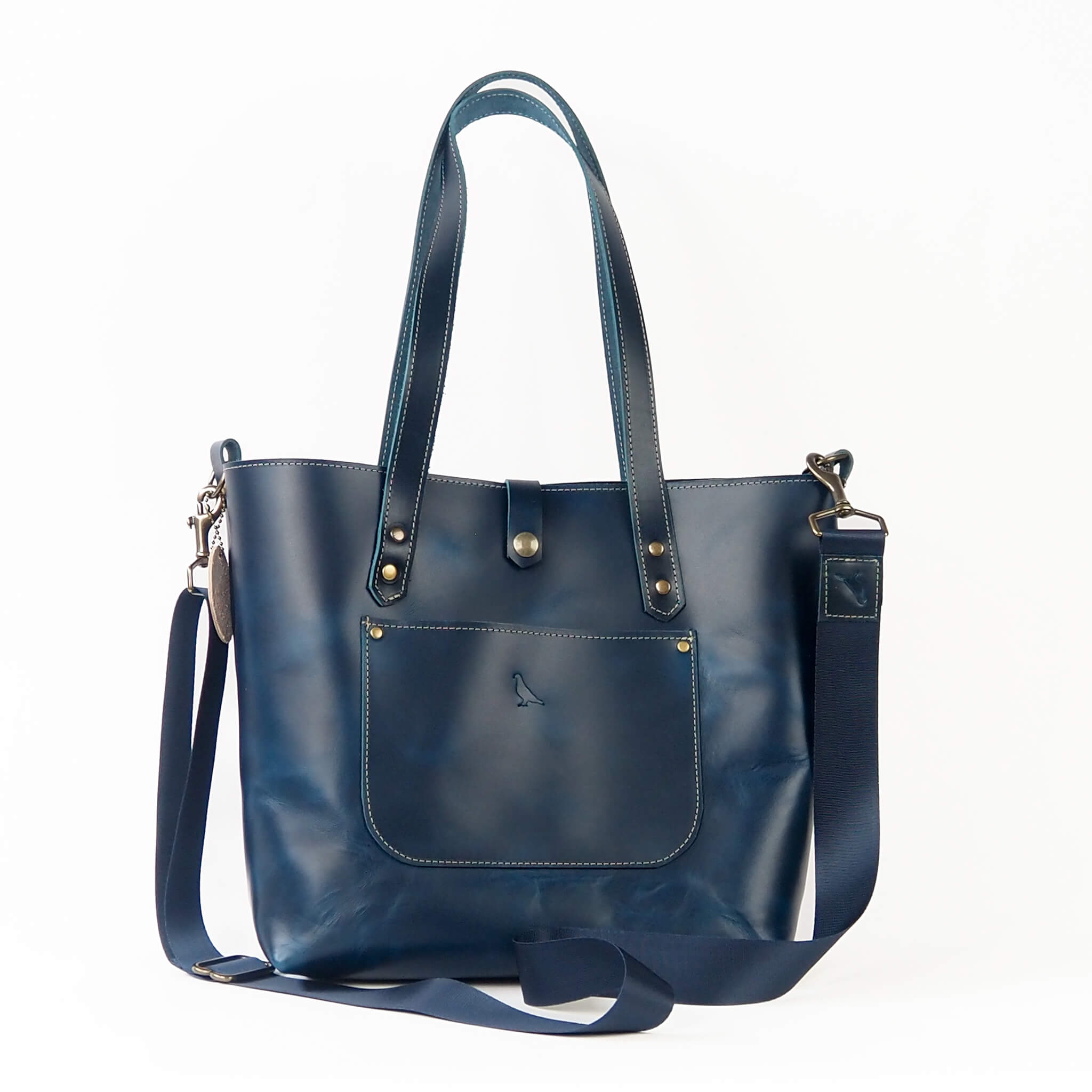 nancy tote travel bag handmade leather - denim front view