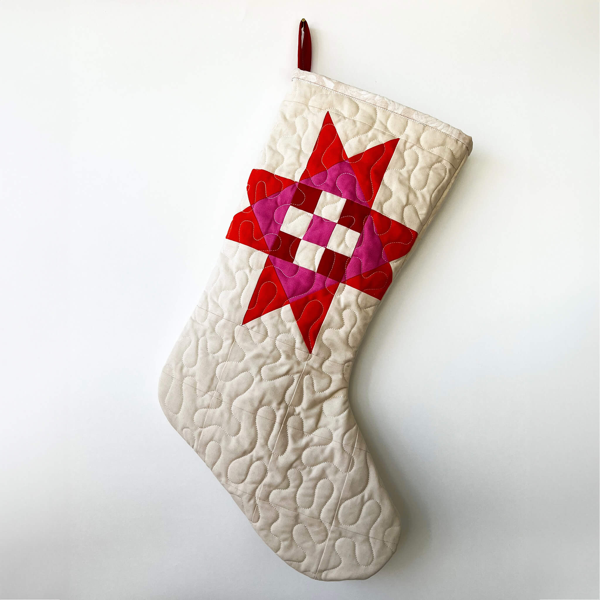 quilted christmas stocking - handmade cotton - pink & red