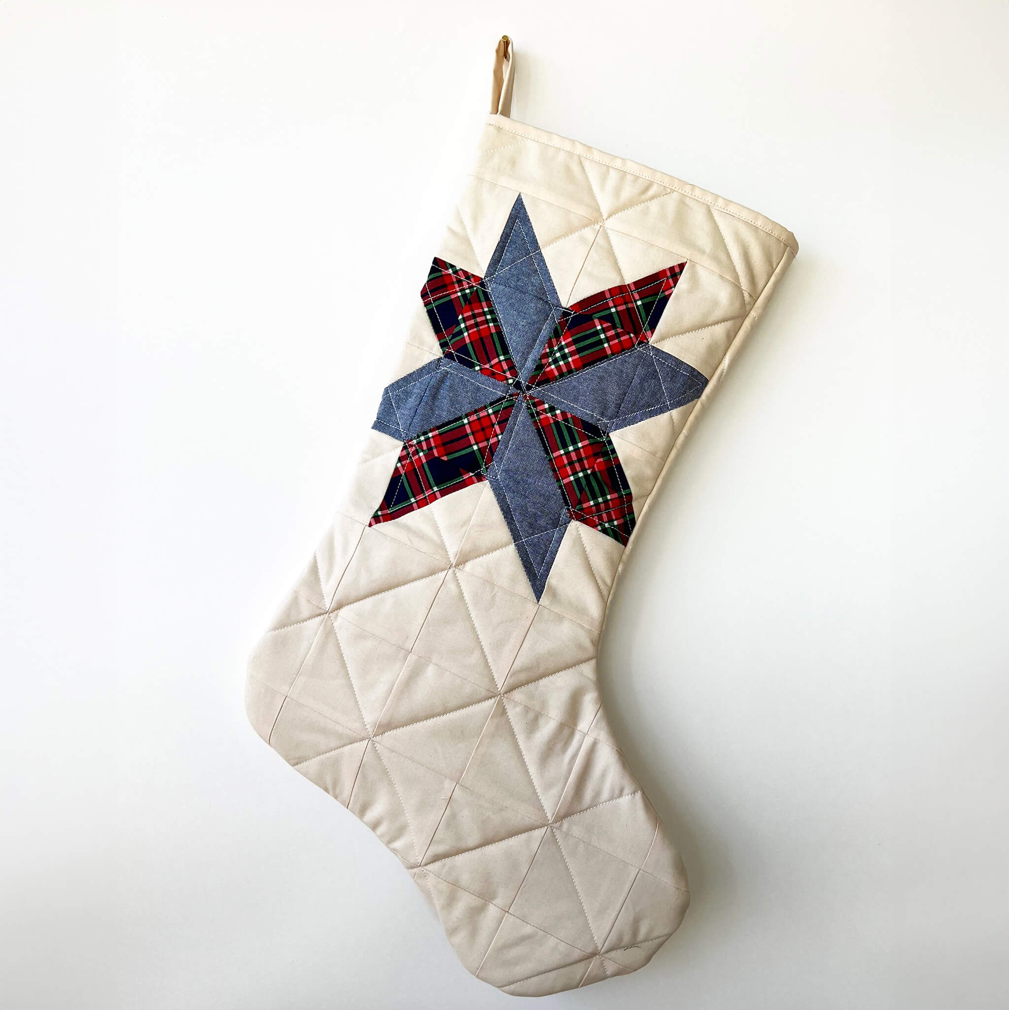 quilted christmas stocking - handmade cotton - plaid denim