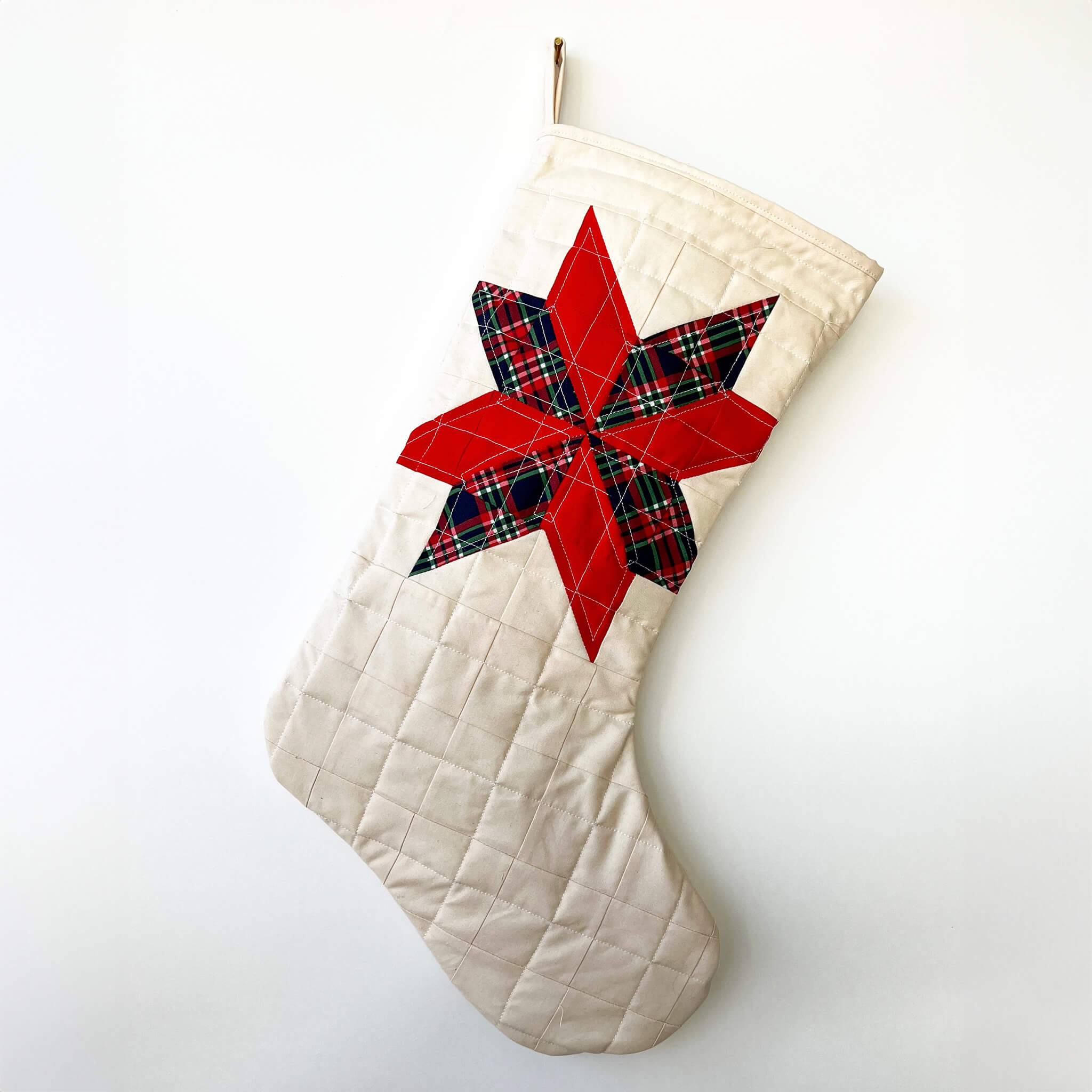 quilted christmas stocking - handmade cotton - plaid red