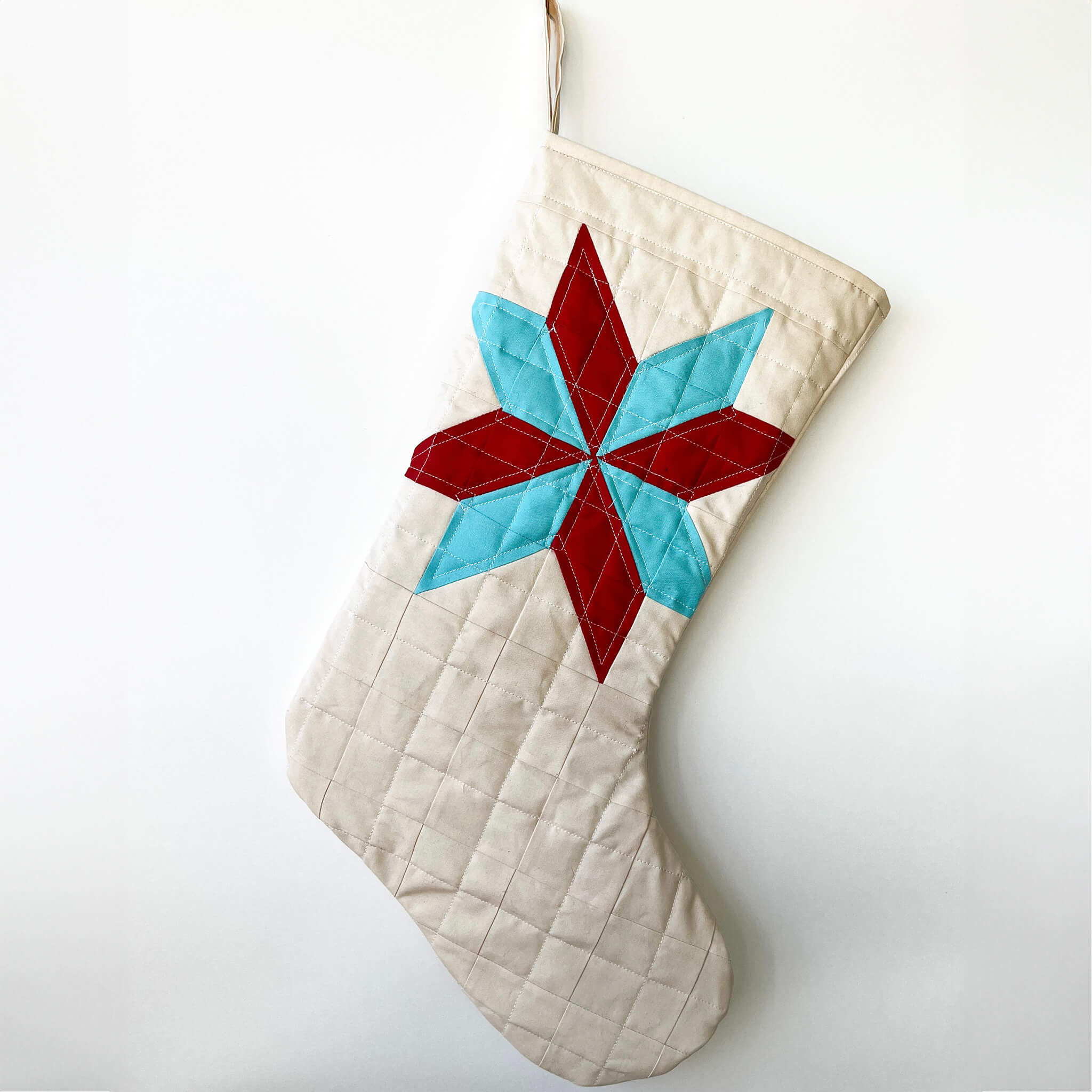quilted christmas stocking - handmade cotton - red & aqua