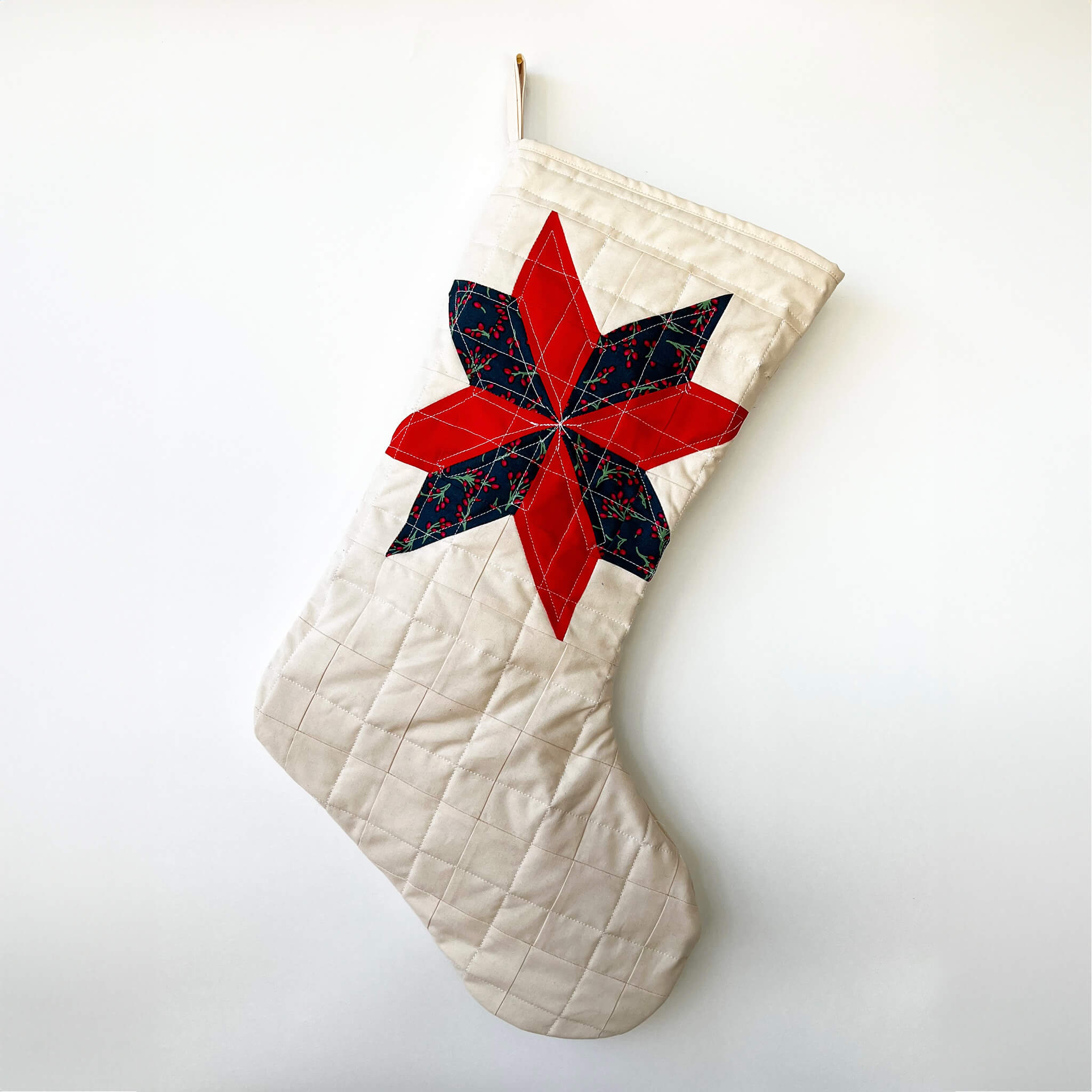 quilted christmas stocking - handmade cotton - red berry