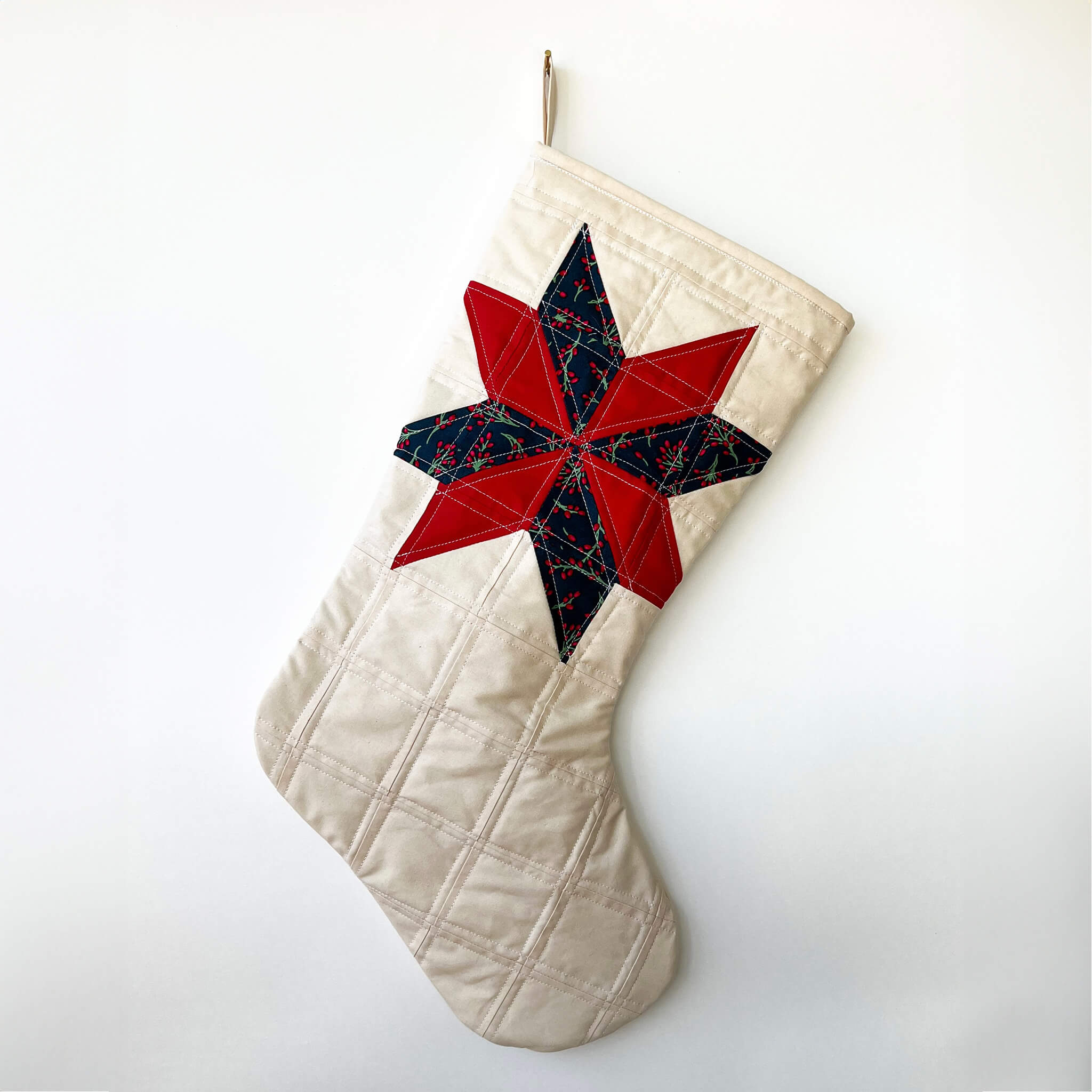quilted christmas stocking - handmade cotton - red berry star