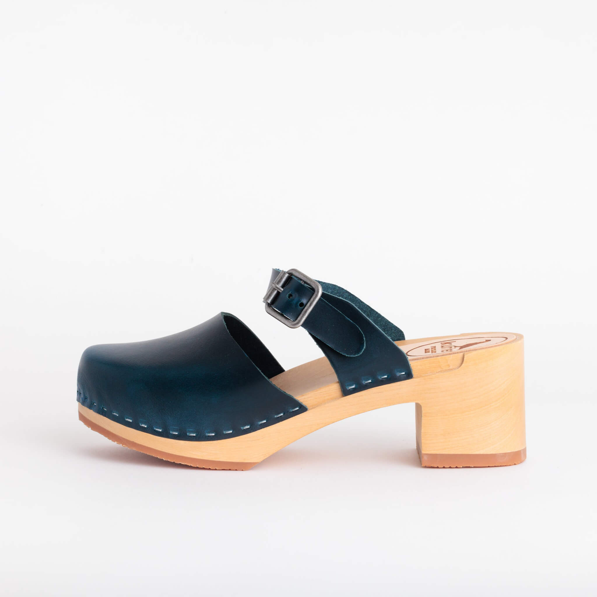 tessa clog high heel closed toe handmade italian leather wood - denim side view