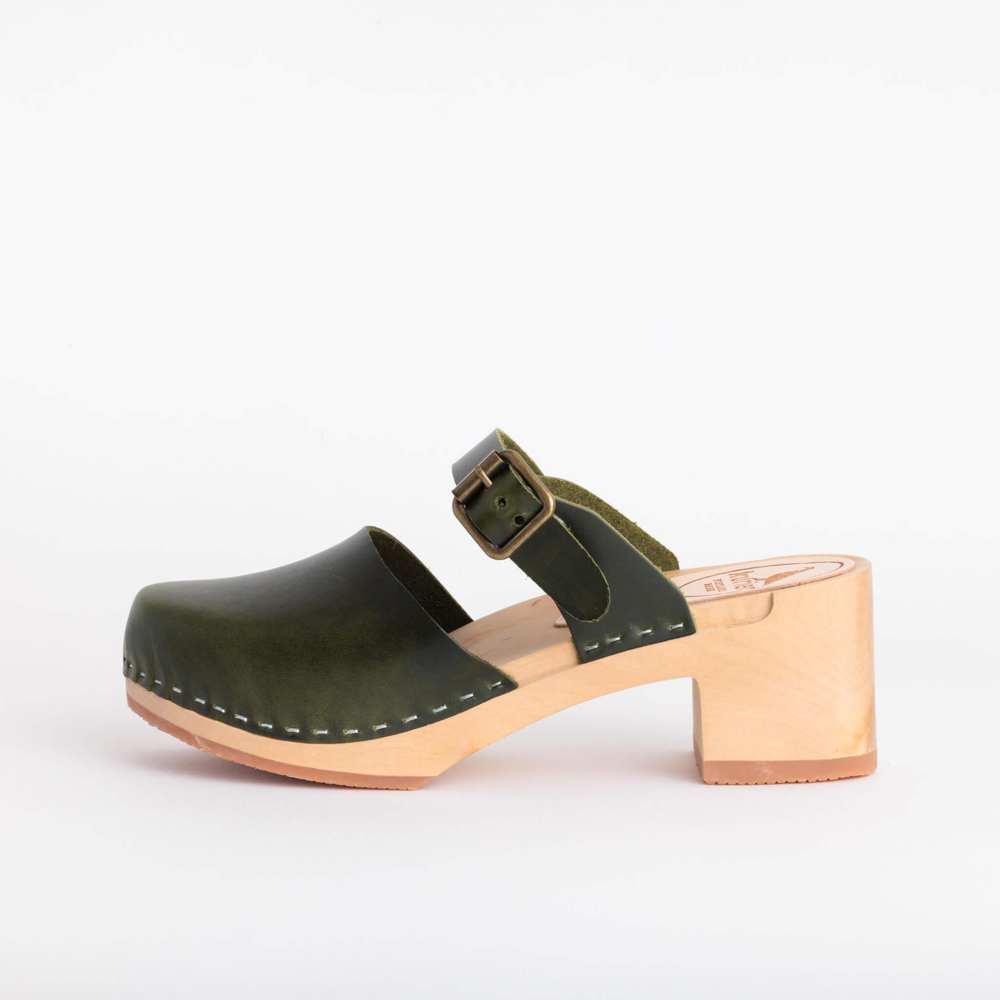 tessa clog high heel closed toe handmade italian leather wood - olive side view