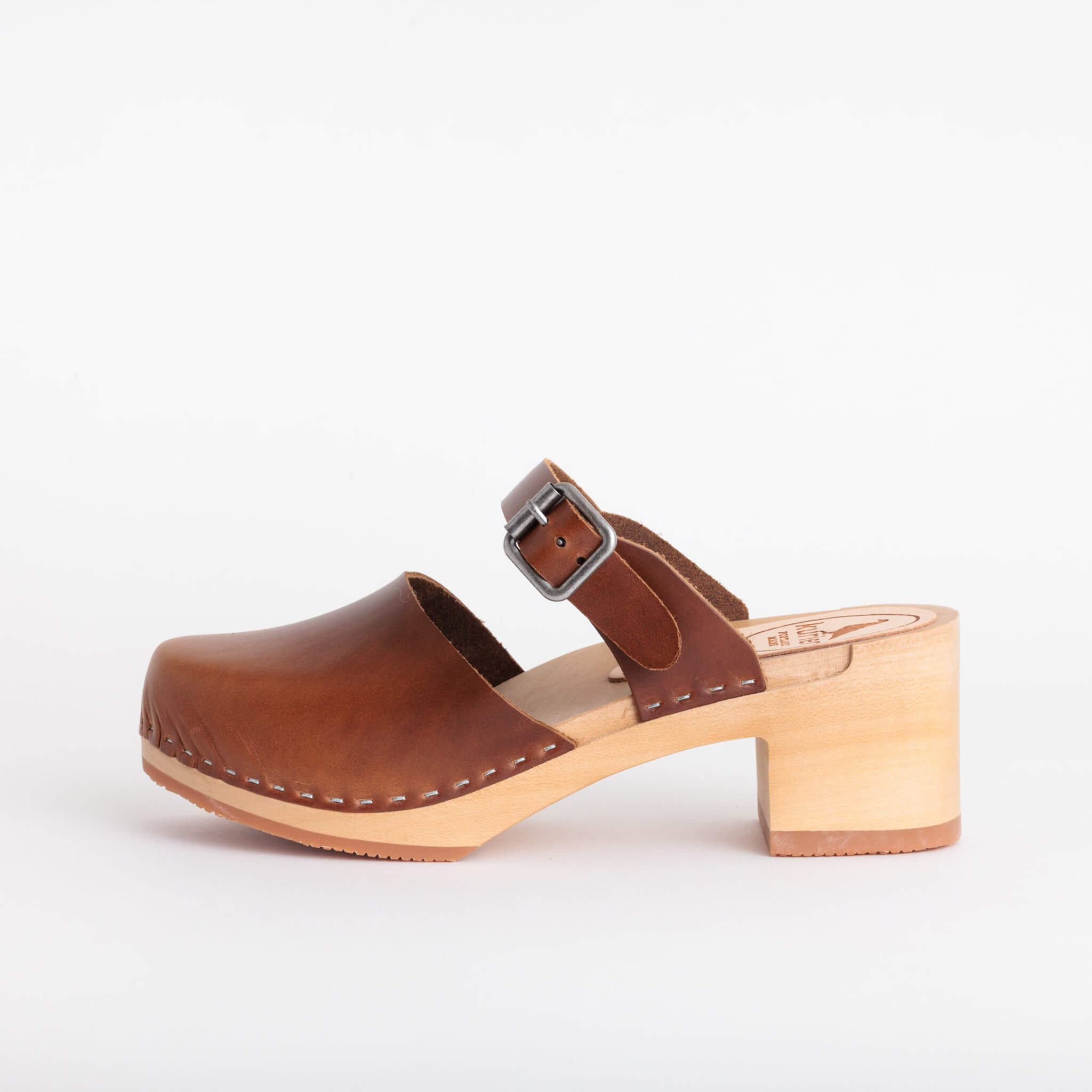 tessa clog high heel closed toe handmade italian leather wood - pecan side view