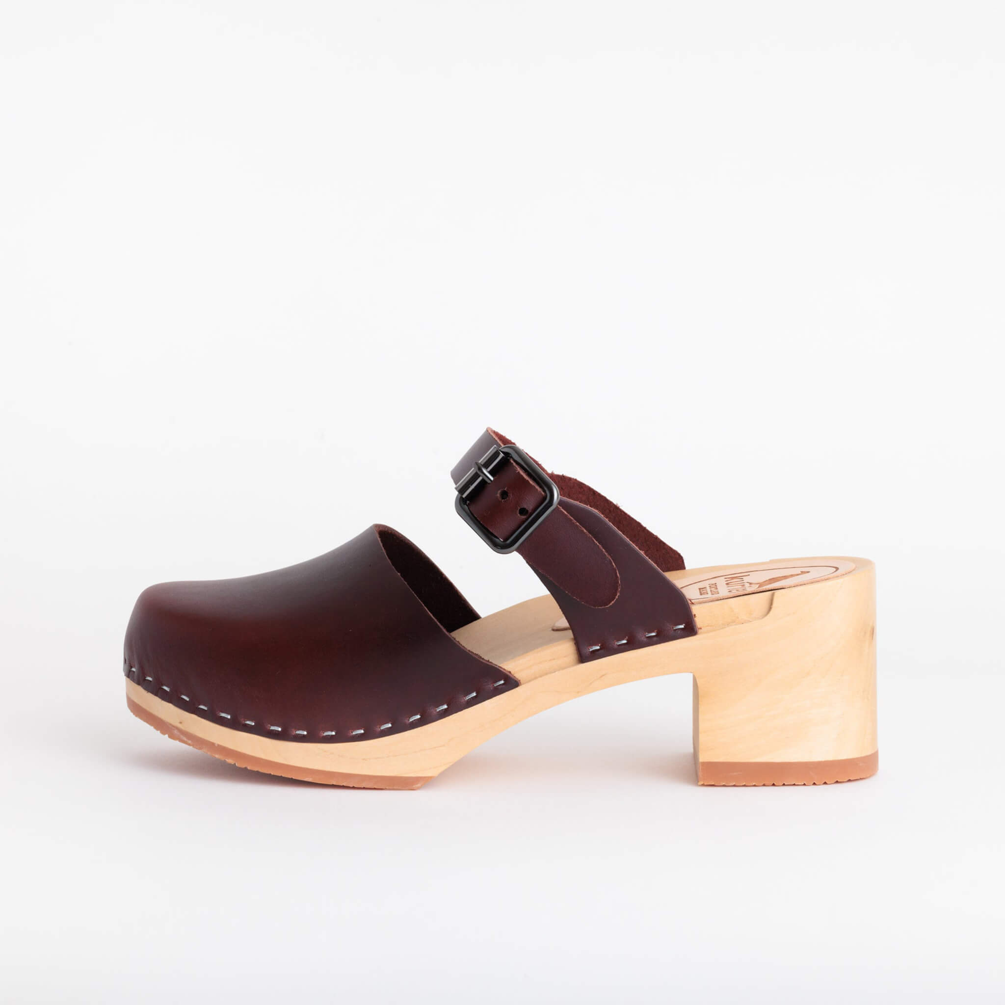 tessa clog high heel closed toe handmade italian leather wood - wine side view