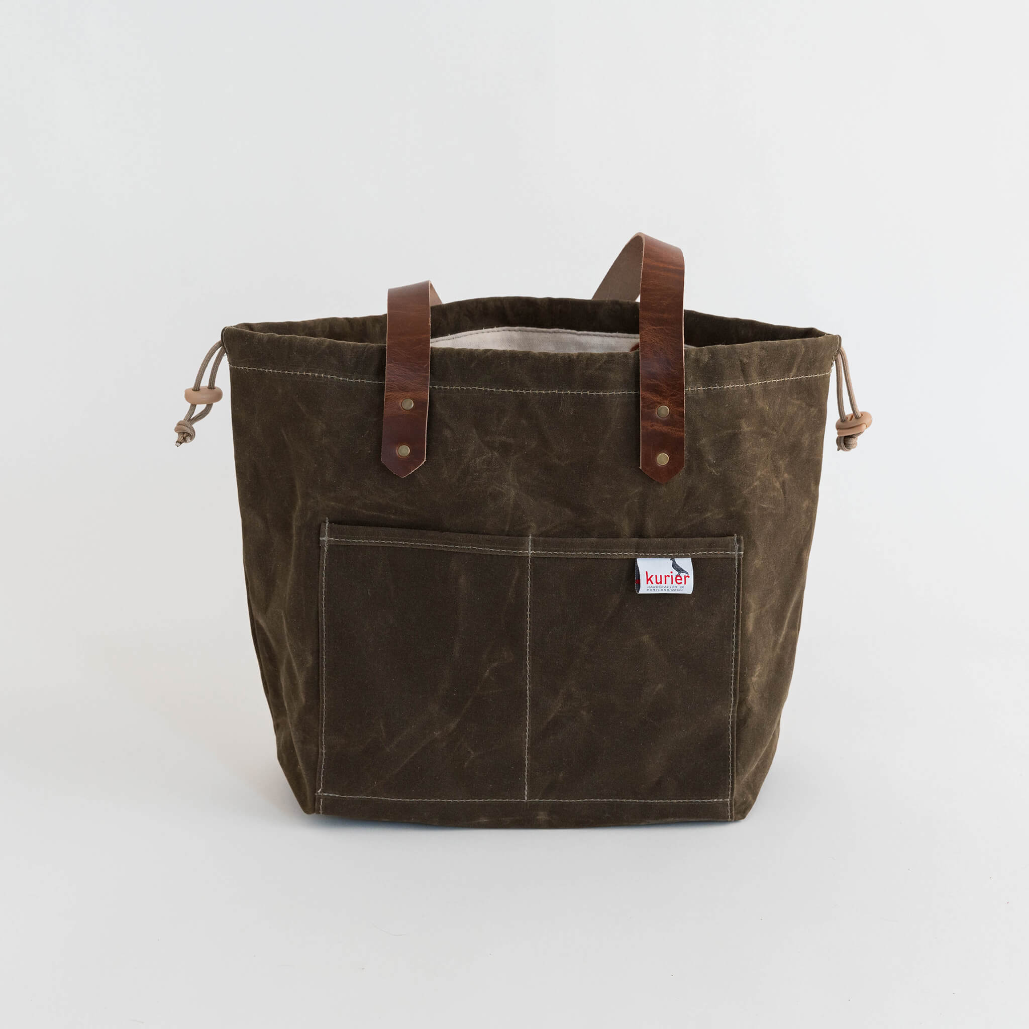 waxed canvas town tote - drawstring travel bag - handmade leather - moss open view