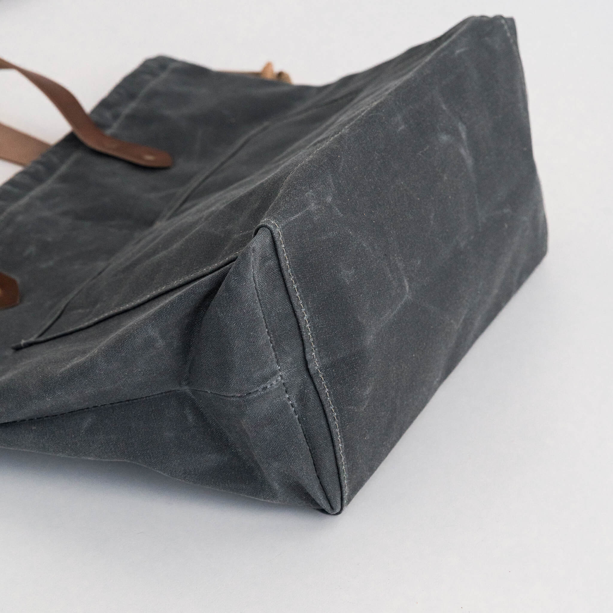 waxed canvas town tote - drawstring travel bag - handmade leather - slate bottom view